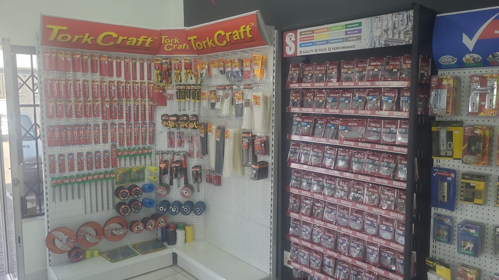 TorkCraft tools and SafeTop fasteners on the shelves at Vincent’s shop